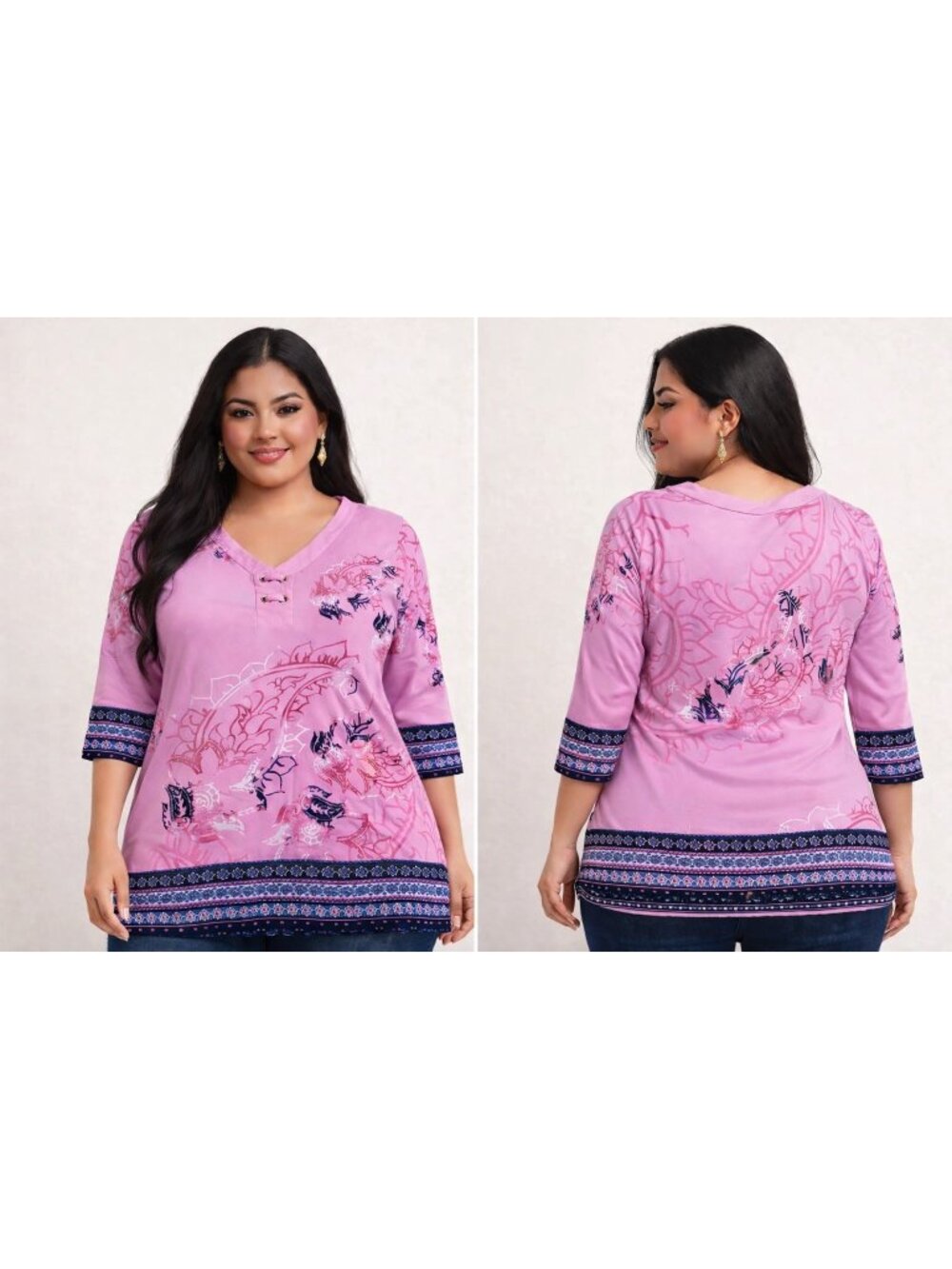 JM Collection Tunic Top Women's M Pink Paisley Floral Grommet V Neck Boho Preppy